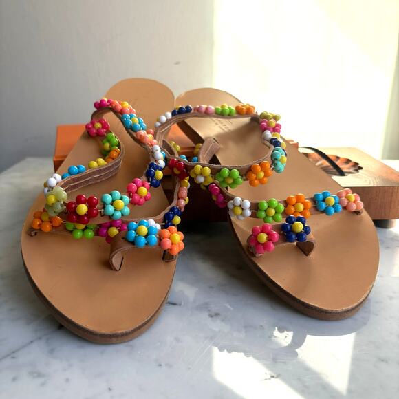 Elina Linardaki Beaded Floral Leather Sandals EU 38 Handmade in Greece Boho